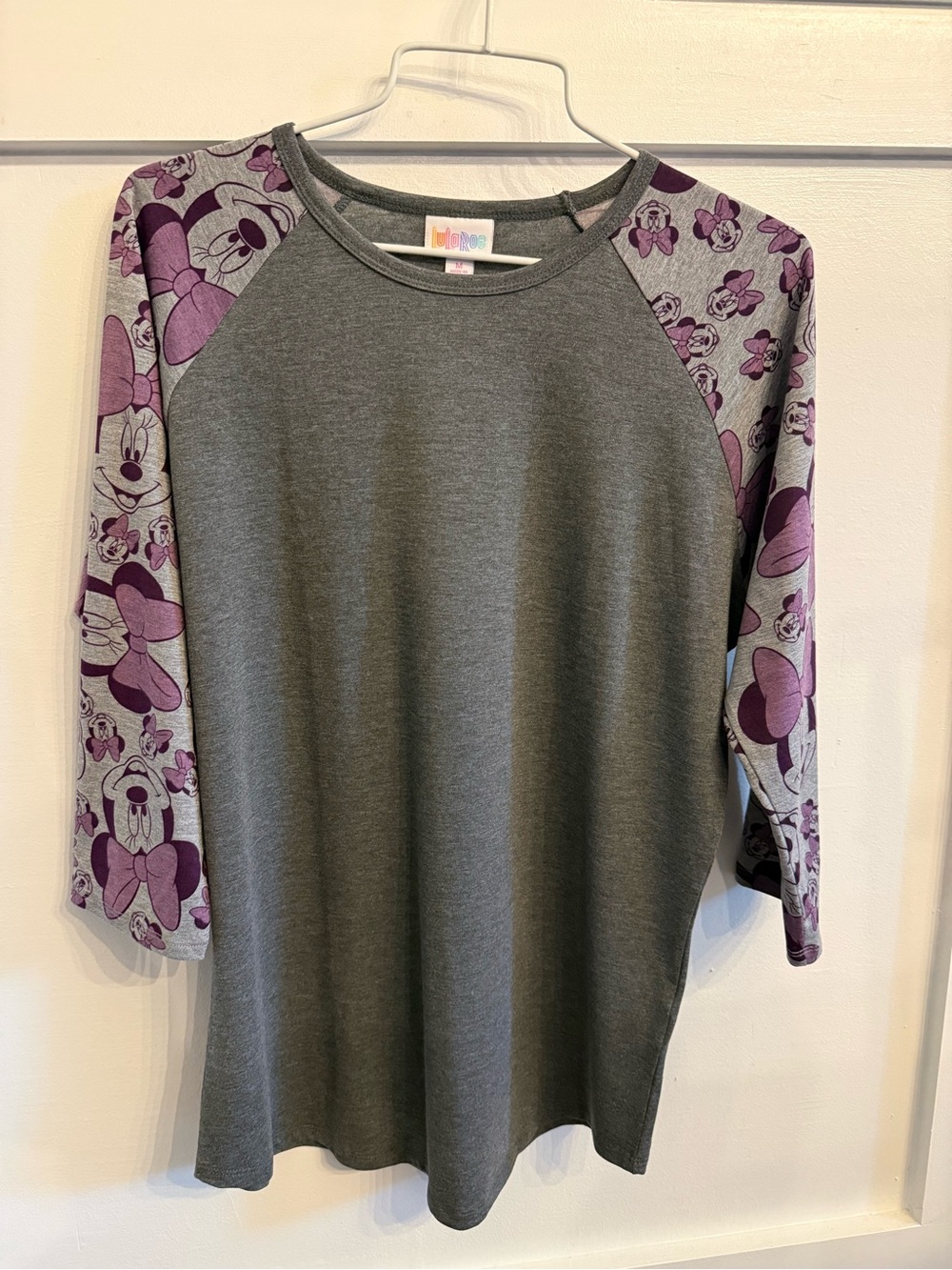 LuLaRoe Grey Disney Top with Purple Minnie Sleeves